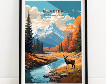 Plakat z Parkiem Narodowym Glacier, wydruk podróżny | Plakat do dekoracji domu, prezent | Cyfrowa ilustracja artystyczna | Prezent urodzinowy