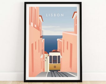Póster minimalista de viaje de Lisboa, Portugal, póster de bellas artes de Lisboa, arte mural, horizonte de la ciudad de Lisboa, pintura del tranvía de Lisboa