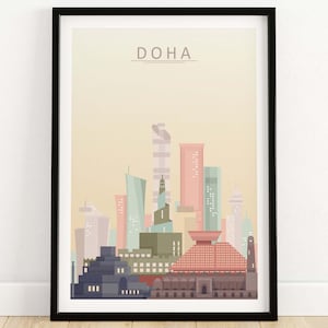 Póster de pared con el horizonte de la ciudad de Doha / Decoración moderna del paisaje urbano de Qatar / Idea de regalo de Doha para el hogar o la oficina