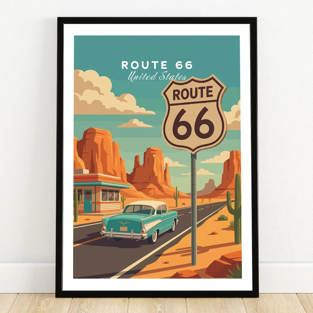 Vintage Route 66 Car Art - Retro Road Trip Wall Decor - Etsy