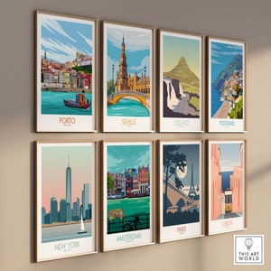 Pode incluir: Uma colagem de oito cartazes de viagem coloridos que apresentam marcos ic&ocirc;nicos de cidades ao redor do mundo, incluindo Porto, Sevilha, Isl&acirc;ndia, Positano, Nova York, Amsterd&atilde;, Paris e Lisboa.