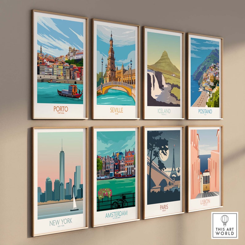 Pode incluir: Uma colagem de oito cartazes de viagem coloridos que apresentam marcos ic&ocirc;nicos de cidades ao redor do mundo, incluindo Porto, Sevilha, Isl&acirc;ndia, Positano, Nova York, Amsterd&atilde;, Paris e Lisboa.