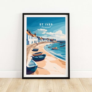 St Ives Beach Boats Print, Cornish Coastal Art, Seaside Wall Decor, Cornwall Travel Poster, Summer Shoreline Accent, Unframed or Framed Gift