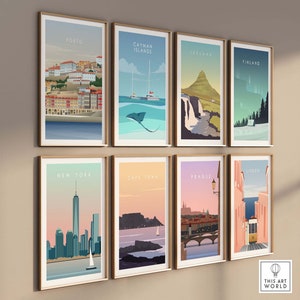 May include: A set of eight minimalist travel posters featuring iconic landmarks and cityscapes from around the world. The posters are framed in wood and have a white background with colorful illustrations. The cities featured are Porto, Cayman Islands, Iceland, Finland, New York, Cape Town, Prague, and Lisbon.