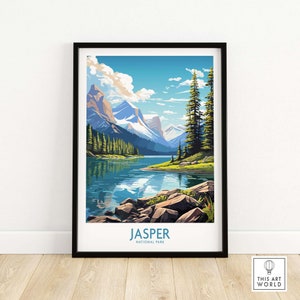 Impresión artística del Parque Nacional Jasper, impresión de viaje, póster de decoración del hogar, regalo, ilustración digital, obra de arte, regalo de cumpleaños