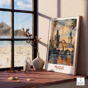 Prague Travel Poster showcasing the iconic architecture and charm of Prague, perfect for home or office decor.