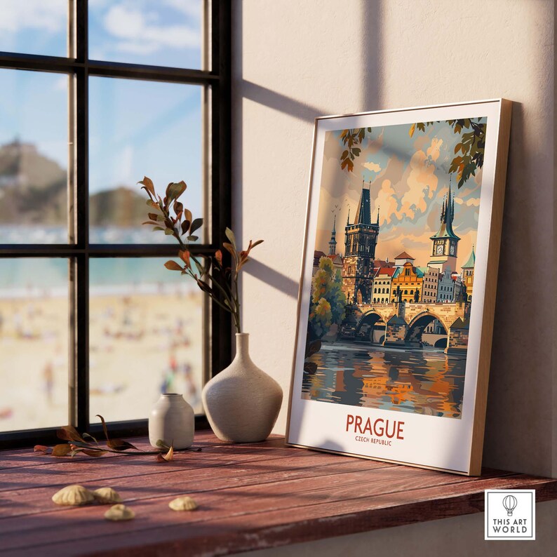 Prague Travel Poster showcasing the iconic architecture and charm of Prague, perfect for home or office decor.