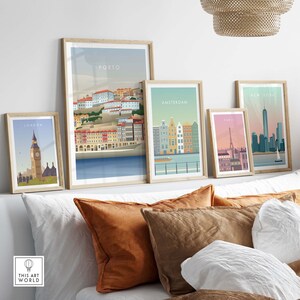 May include: Five framed city skyline prints with the names "London", "Porto", "Amsterdam", "Paris", and "New York" printed below each image.