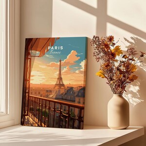 Paris Eiffel Tower Poster featuring a sunset view from a balcony with vibrant colors and intricate details.