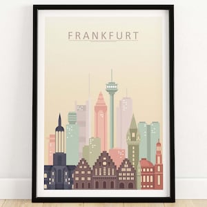 Impresión del horizonte de Frankfurt / Póster de arte mural de la ciudad alemana / Decoración de pared de Frankfurt, Alemania / Regalo de paisaje urbano de Frankfurt / Obra de arte digital pastel