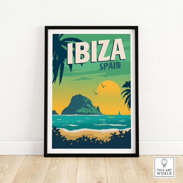 Impresión de Ibiza / Cartel de viaje retro de España / Impresión de bellas artes de Ibiza / Decoración de arte de pared de Ibiza / Idea de regalo de vacaciones en Ibiza