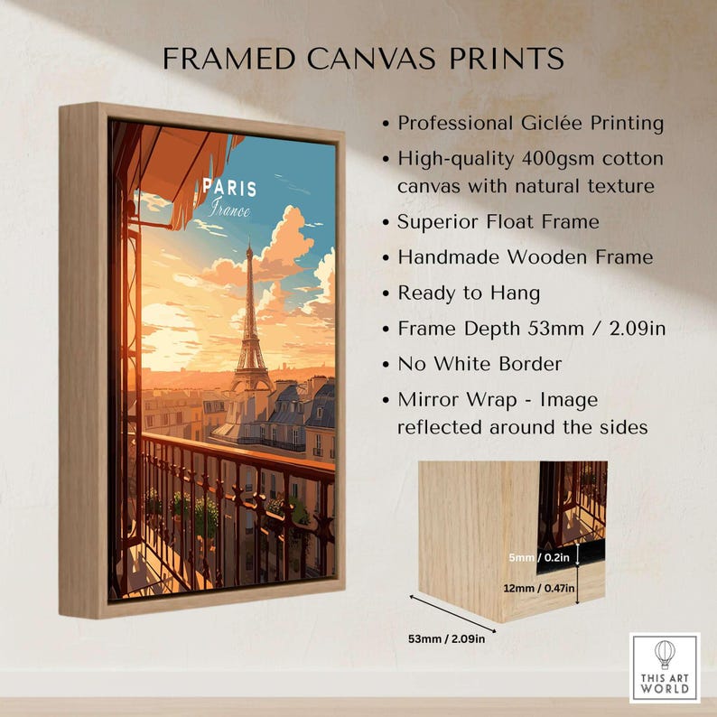 Paris Eiffel Tower Poster framed canvas print showcasing Giclée printing and a beautiful Parisian scene.