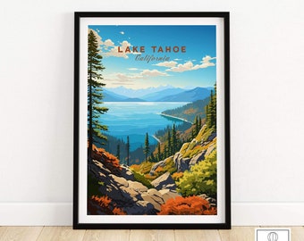 Lake Tahoe Poster Wall Art Print Travel Print | Home Décor Poster Gift | Digital Illustration Artwork Wall Hanging | Framed & Unframed Print