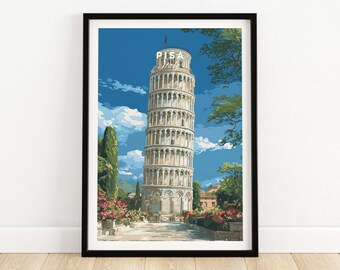 Pisa Italy Leaning Tower Print, Italian Landmark Art, Vintage