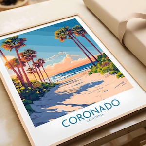 Cartaz de viagem de Coronado, impressão artística de Coronado, decoração de parede para sala de estar da Califórnia, presente, impressão emoldurada ou pôster sem moldura, arte de praia de Coronado