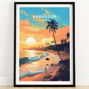 Póster de Barbados al atardecer en la playa / Póster de viaje / Arte decorativo para el hogar / Regalo de cumpleaños / Regalo de aniversario de bodas