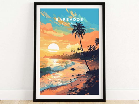 Sunset Beach Poster: Colorful Barbados Travel Art - Framed or Unframed