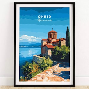 Impresión de viaje de Ohrid, Macedonia. Impresión de arte de pared de Ohrid. Póster de Ohrid. Decoración de pared. Ilustración. Regalo artístico de Ohrid, Macedonia.