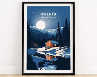 May include: A retro-style poster with a blue background featuring a cabin in a snowy forest with a full moon in the sky. The text "SWEDEN Scandinavia" is at the top of the poster.