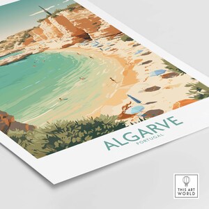 May include: A colorful illustration of a beach scene in Algarve, Portugal. The image features a sandy beach with turquoise water, cliffs, and people swimming and sunbathing. The text "ALGARVE PORTUGAL" is displayed in a teal green font.