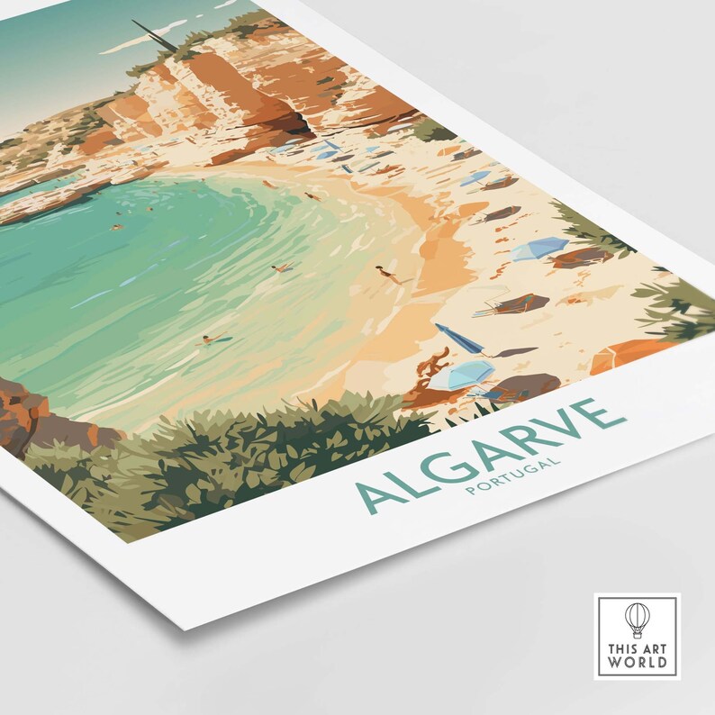 May include: A colorful illustration of a beach scene in Algarve, Portugal. The image features a sandy beach with turquoise water, cliffs, and people swimming and sunbathing. The text "ALGARVE PORTUGAL" is displayed in a teal green font.