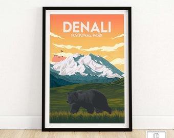 Denali Print | National Park Poster | Alaska Travel Poster | Bear Art Print | Framed & Unframed Wall Art Gift Idea