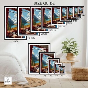 Orient Express Train Print | Vintage Rail Travel Decor size guide showcasing various frame dimensions.