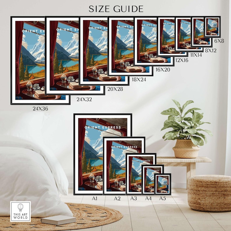 Orient Express Train Print | Vintage Rail Travel Decor size guide showcasing various frame dimensions.