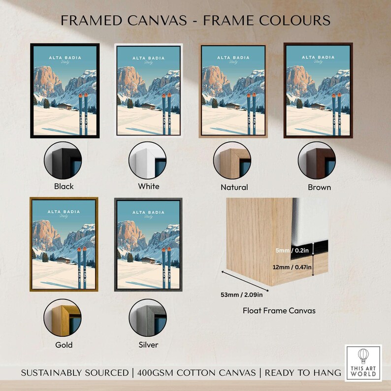 Framed canvas options for Alta Badia Italy Ski Resort Print - Dolomites Skiing Poster in various colors.