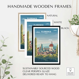 May include: A framed print of a vintage travel poster for Florence, Italy. The poster features a colorful illustration of the city's skyline, including the Duomo. The frame is available in natural, white, or black wood.