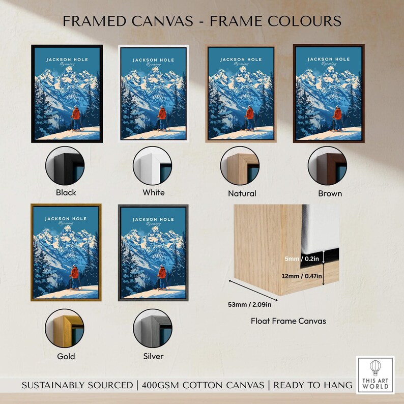 Framed canvas options for Jackson Hole Ski Poster - Wyoming in various frame colors, showcasing aesthetic choices.