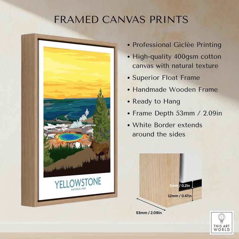 Yellowstone National Park framed canvas print with float wooden frame and detailed specs