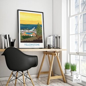 Yellowstone National Park travel poster in black frame on modern office desk, minimalist decor