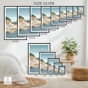 May include: Size guide for prints of an illustration of the Amalfi Coast, Italy. The illustration shows a colorful town with buildings, a bridge, and a mountain in the background. The guide shows different sizes of prints, ranging from 6x8 inches to 24x36 inches.