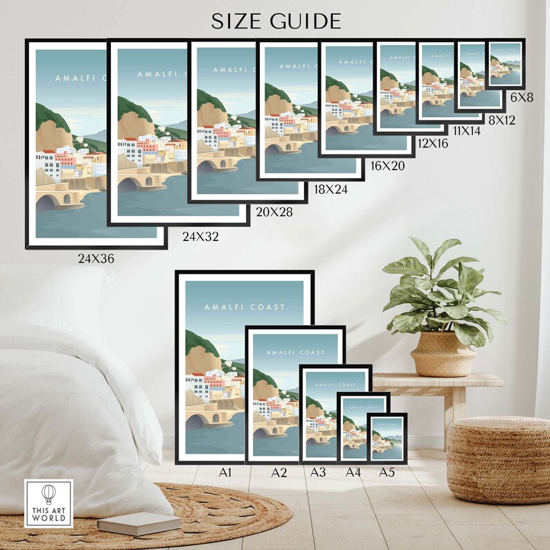 May include: Size guide for prints of an illustration of the Amalfi Coast, Italy. The illustration shows a colorful town with buildings, a bridge, and a mountain in the background. The guide shows different sizes of prints, ranging from 6x8 inches to 24x36 inches.