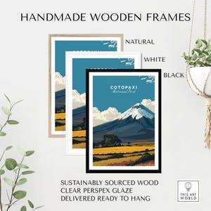 Collection of handmade wooden frames in natural, white, and black for Cotopaxi National Park travel poster.