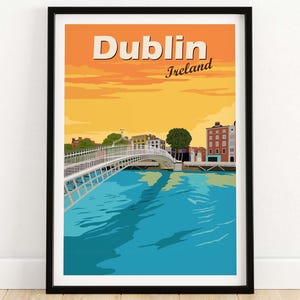 Dublin Poster Print | Travel Wall Art | Ireland Print | Dublin City Skyline Vintage Travel | Irish Art Print | Ha Penny Bridge Wall Decor