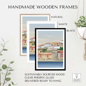May include: Three framed prints of a city skyline with the word "PORTO" at the top. The frames are available in natural, white, and black wood.