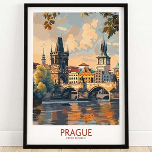 Póster de viaje de Praga, impresión artística vintage, decoración de paisaje urbano de la República Checa, regalo para viajeros, decoración para el hogar o la oficina, recuerdo turístico.