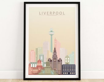 Lámina decorativa con el horizonte de la ciudad de Liverpool / Póster de viaje / Regalo de cumpleaños / Regalo de aniversario de bodas / Lámina artística / Regalo de inauguración de casa