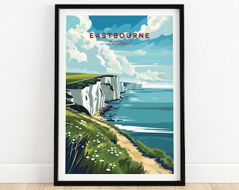 May include: A vintage travel poster featuring a scenic view of white cliffs along a coastline with blue water and a green grassy path. The poster has the text "Eastbourne England" at the top.
