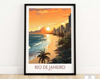 May include: A colourful illustration of Rio de Janeiro, Brazil, with a sunset over the ocean and a cityscape in the background. The text "Rio de Janeiro" and "Brazil" are printed below the image.