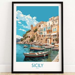 Sicilië muurkunst reisafdruk | Woondecoratie poster cadeau | Digitaal illustratiekunstwerk