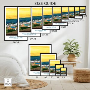 Yellowstone National Park travel poster wall art size guide, various print sizes displayed in modern home decor setting.