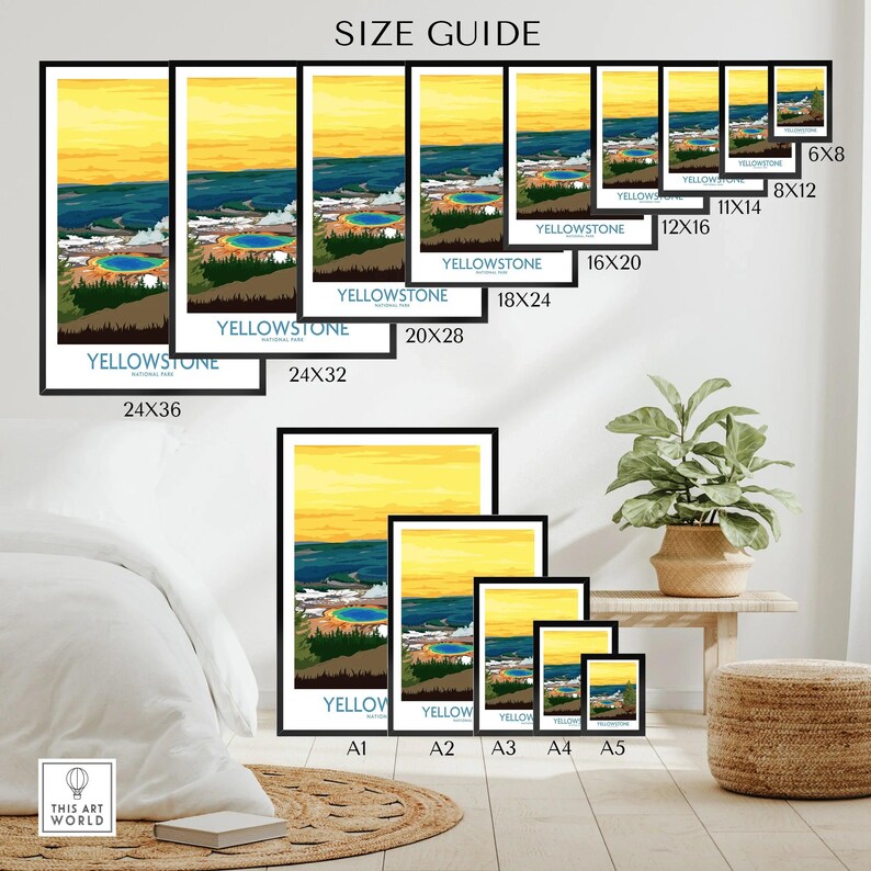 Yellowstone National Park travel poster wall art size guide, various print sizes displayed in modern home decor setting.