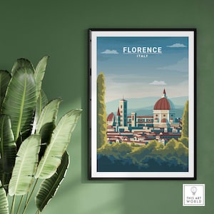May include: A vintage travel poster featuring a colorful illustration of the city of Florence, Italy. The poster includes the text "FLORENCE ITALY" and depicts the iconic Duomo cathedral.