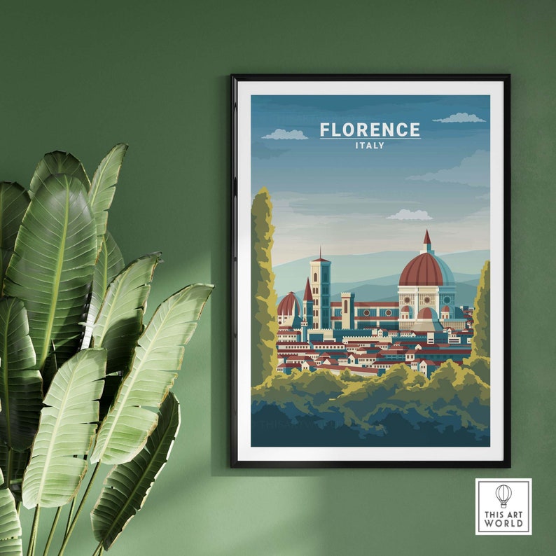 May include: A vintage travel poster featuring a colorful illustration of the city of Florence, Italy. The poster includes the text "FLORENCE ITALY" and depicts the iconic Duomo cathedral.