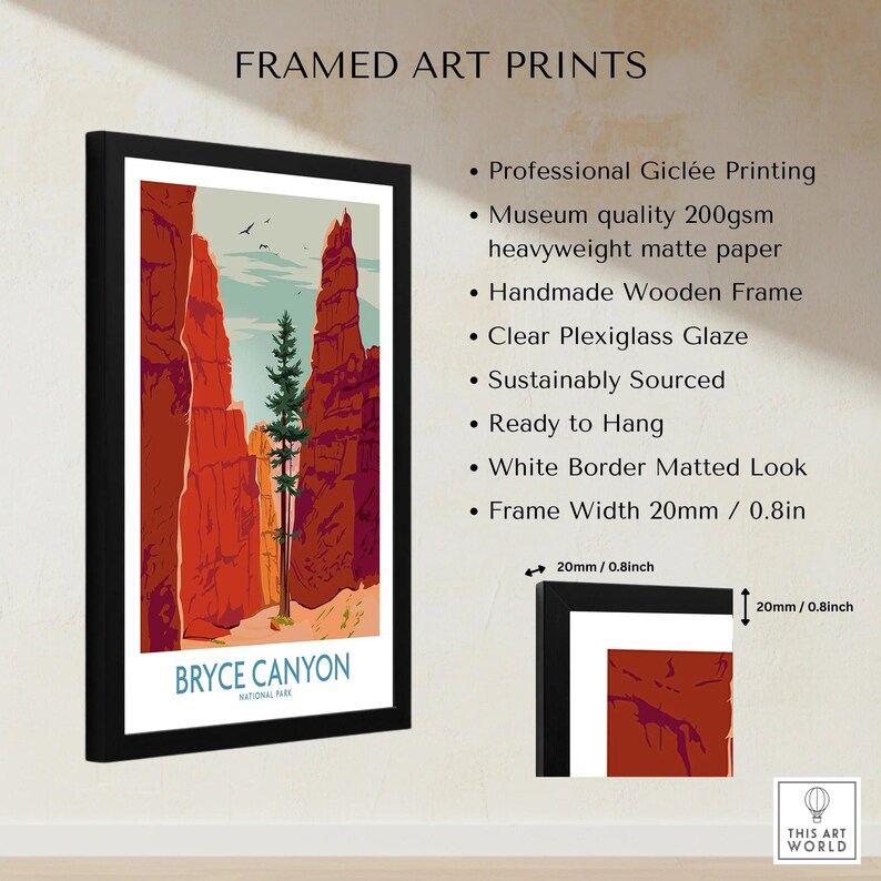 Framed Bryce Canyon National Park art print with vivid canyon illustration and product features list