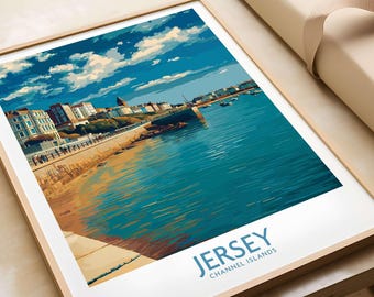Impresión artística del paseo marítimo de las Islas del Canal de Jersey / Póster costero de St. Helier