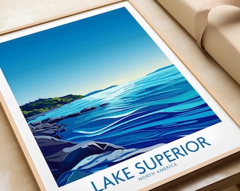 May include: A framed print of a blue and green landscape with the text "LAKE SUPERIOR NORTH AMERICA" at the bottom.